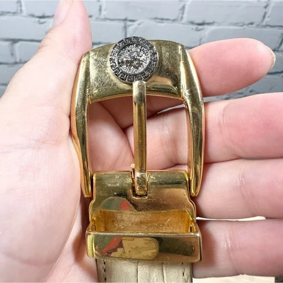 Vintage El General Genuine Caiman Skin Belt Cream Gold Metal Lion Western 40